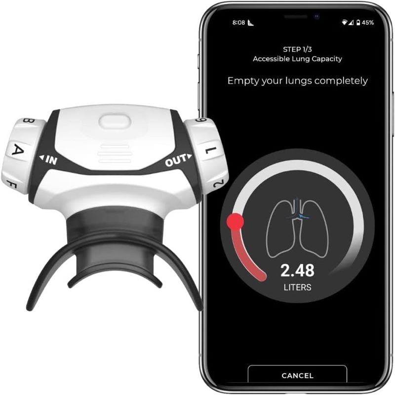 Airofit breath trainer device alongside its companion phone app