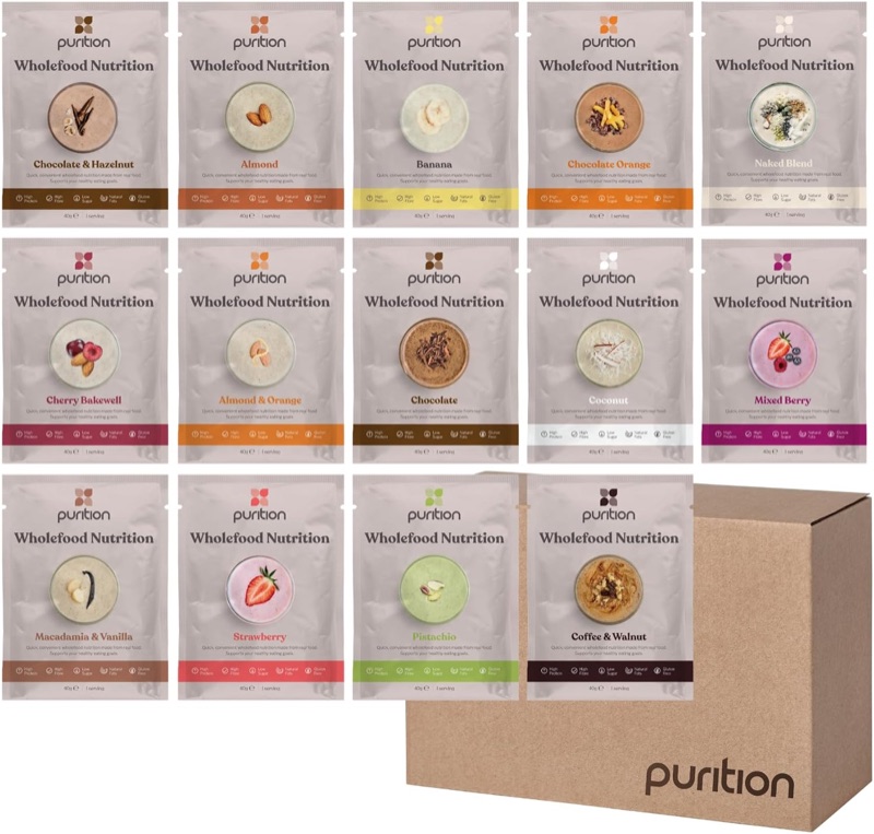 Purition Wholefood Nutrition taster kit — fourteen flavour sachets with box